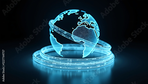 Glowing optical fiber cable coiled in a sphere, isolated on dark gradient background, futuristic clean setup