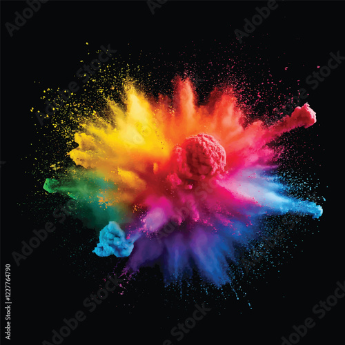 colorful pigment powder, explosion of colored powder exploding isolated on black background
