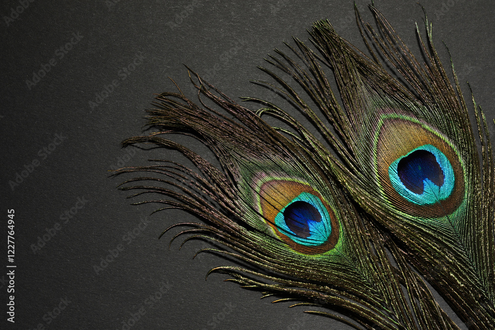 Obraz premium Two beautiful peacock feathers on black background, top view. Space for text