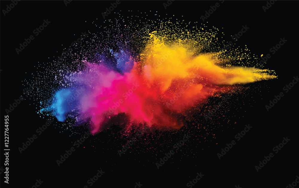 colorful pigment powder, explosion of colored powder exploding isolated on black background