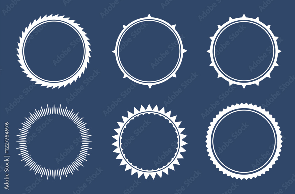 Set of circular ornamental frames with sharp and spiky edges, symmetrical decorative borders on a dark background. Ideal for certificates, labels, logos, and graphic design elements Set of circular ornamental frames with sharp and spiky edges, symmetrical decorative borders on a dark background. Ideal for certificates, labels, logos, and graphic design elements