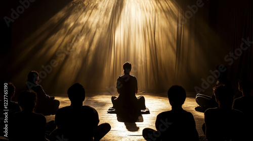 A storyteller sitting in a dimly lit room, their voice and expressions captivating a circle of listeners, the shadows on the walls enhancing the taleâ€™s drama. photo