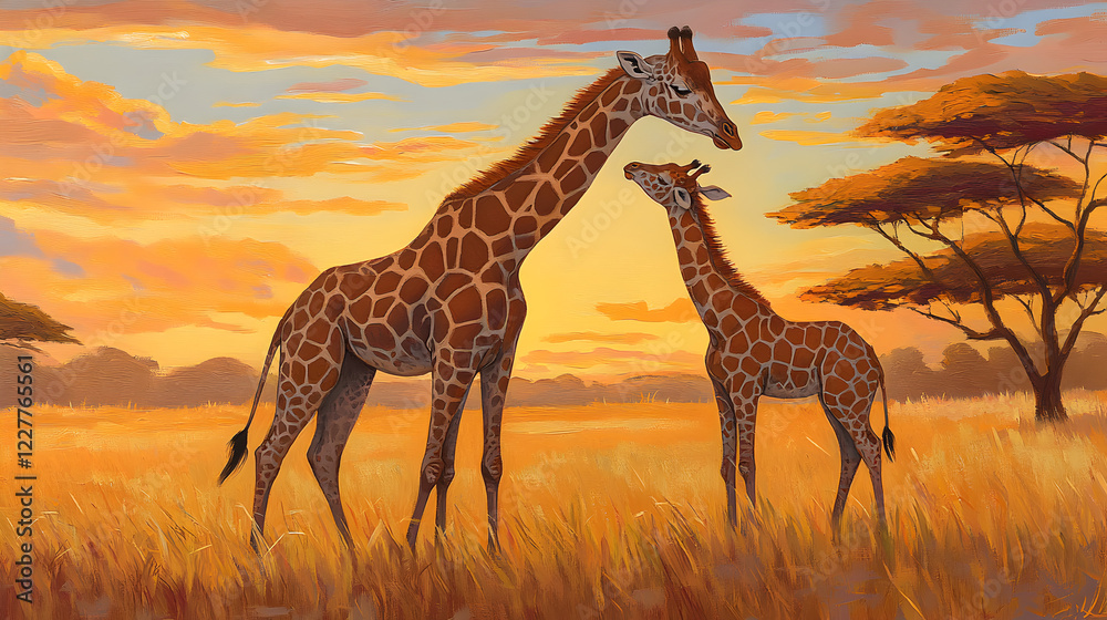 Obraz premium giraffe gently nuzzles her calf as they stand in the golden savanna grasslands. Their long necks create elegant curves against the soft hues of a sunset sky. Acacia trees dot the background, 