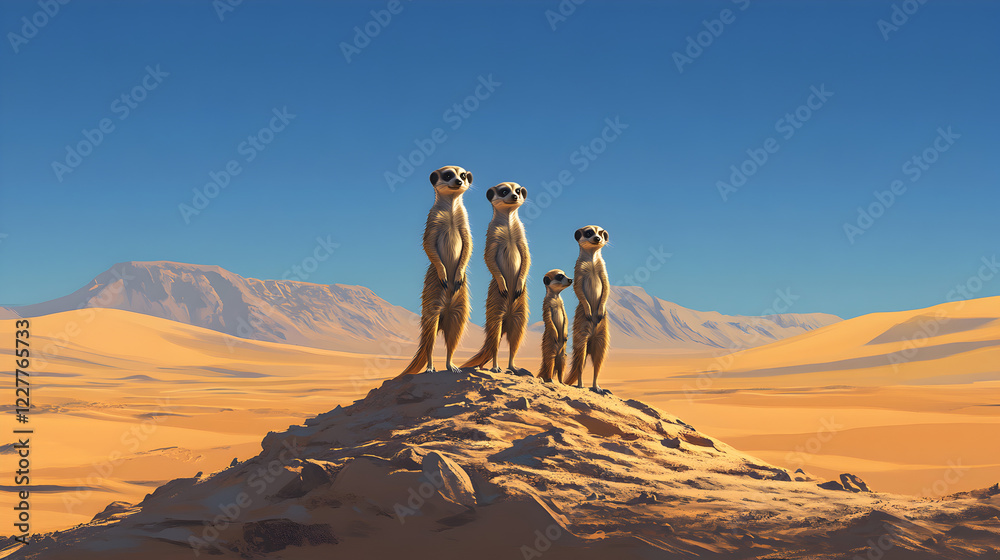 Fototapeta premium of meerkats stands upright on a small mound in the African desert, their tiny bodies perfectly aligned as they scan the horizon. Their expressions are full of curiosity and alertness, while 
