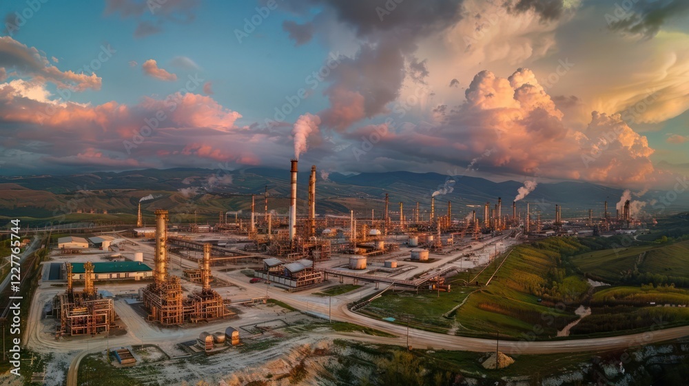 Obraz premium Aerial view of an industrial oil refinery at sunset with smokestacks and mountains in the background