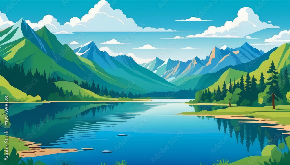 Fototapeta premium Scenic mountain lake landscape in vibrant illustration style