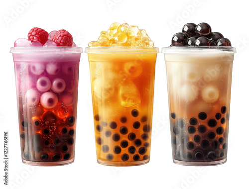 Three Refreshing Bubble Teas Raspberry Honey Lemon and Classic Milk Tea with Tapioca Pearls
