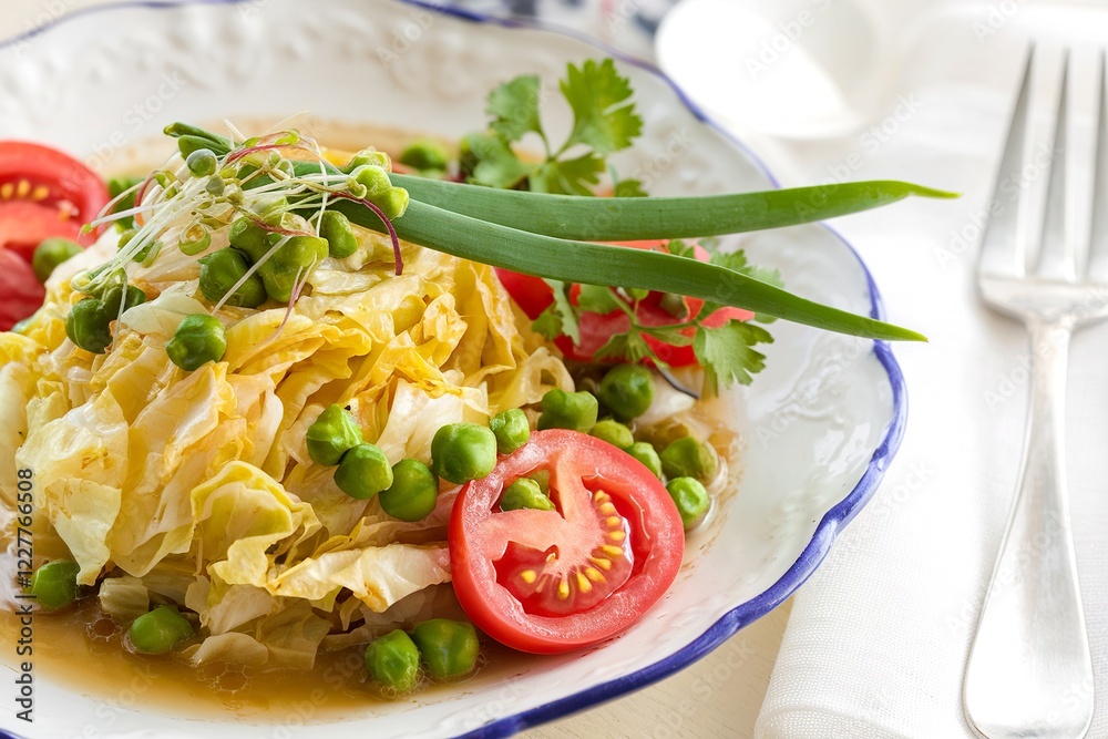 Stewed cabbage with micro-green onions, peas and tomato slices Stewed cabbage with micro-green onions, peas and tomato slices