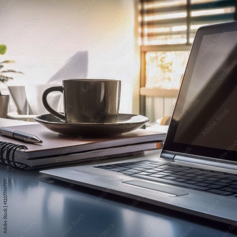 editorial style image of a home office setup with a laptop, notebook, and coffee cup on a tidy desk; the scene includes soft lighting and a minimalist aesthetic. editorial style image of a home office setup with a laptop, notebook, and coffee cup on a tidy desk; the scene includes soft lighting and a minimalist aesthetic.