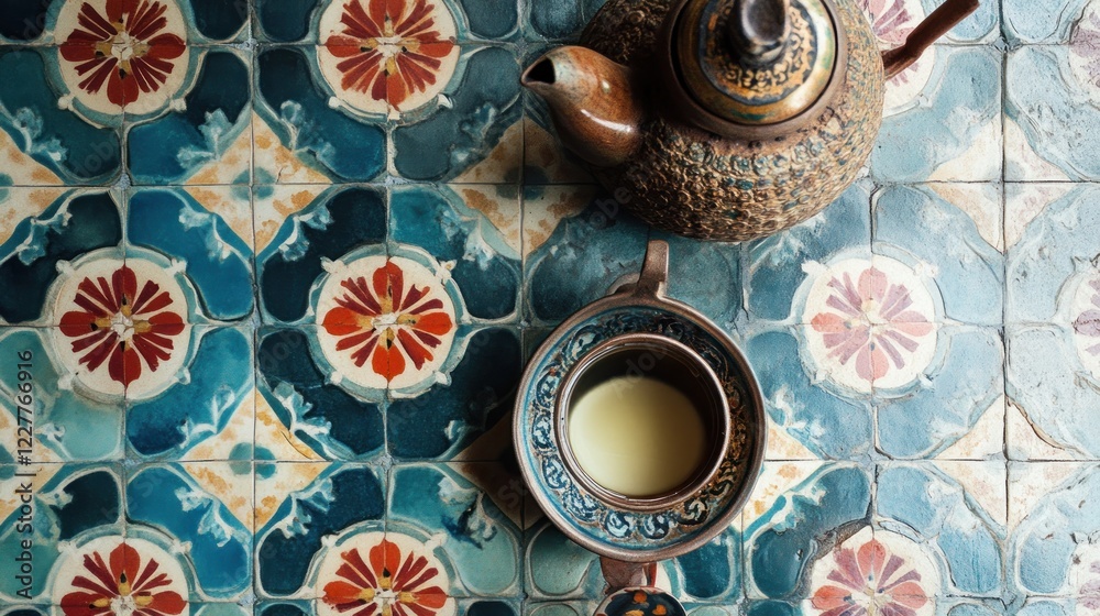 Obraz premium Serene Tea Time on Ornate Tiles