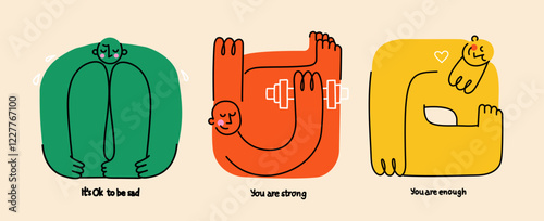 Mental health, psychology concept. Self love, mind care, help, acceptance. Cute disproportionate isolated characters inscribed in color square box and funny quotes, vector illustration