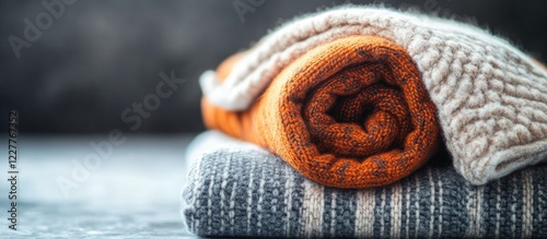 Cozy Folded Blankets Stack with Text Space for Seasonal Decor or Culinary Inspiration Over a Subtle Dark Background photo