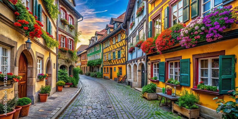 Naklejka premium Colorful Bamberg Alleyway: Charming Old Town Architecture in Bavaria, Germany