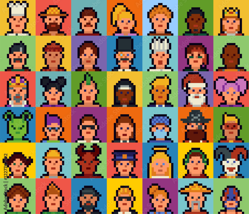 Obraz premium Pixel art characters set of the 8-bit avatar, funny faces in 80-s, NFT. Cartoon vector icon, game user, web profile persons, people, social net portraits