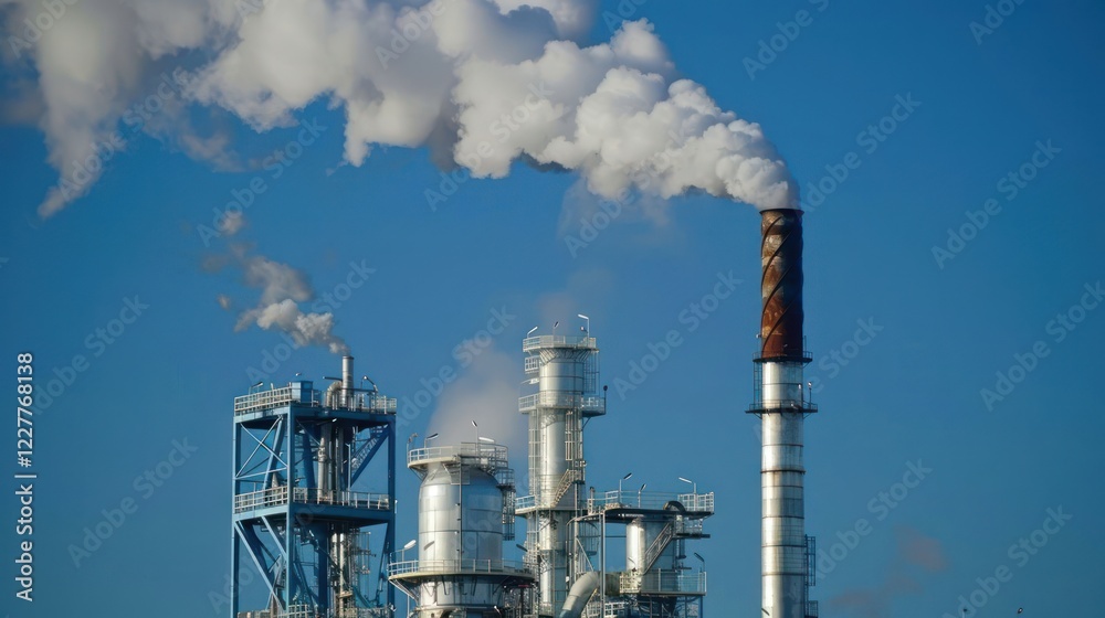 Industrial smokestacks releasing white smoke against a clear blue sky, showcasing pollution concerns Industrial smokestacks releasing white smoke against a clear blue sky, showcasing pollution concerns