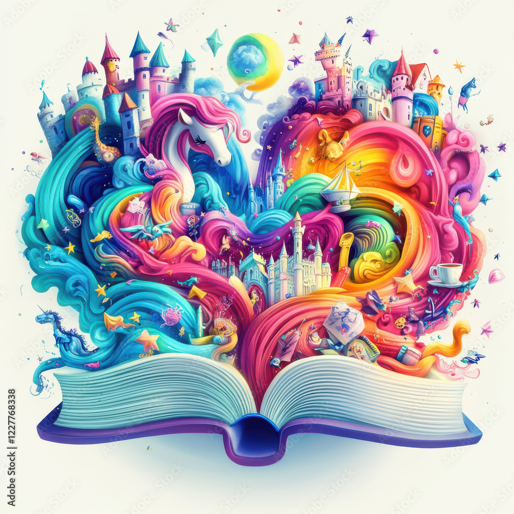 Obraz premium vibrant illustration of magical book bursting with colorful scenes, featuring castles, unicorns, and whimsical creatures, evoking sense of wonder and imagination