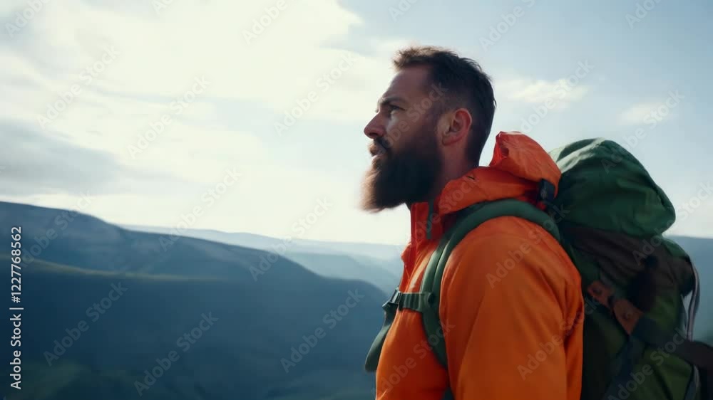 solo hiker in an orange jacket with a blue backpack stands atop a rocky mountain peak, gazing at the vast landscape of green valleys and rolling hills below. solo hiker in an orange jacket with a blue backpack stands atop a rocky mountain peak, gazing at the vast landscape of green valleys and rolling hills below.