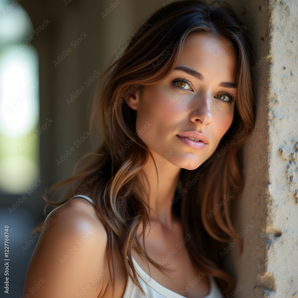 A pretty woman with brown hair is leaning against the wall. Generative Ai. A pretty woman with brown hair is leaning against the wall. Generative Ai.