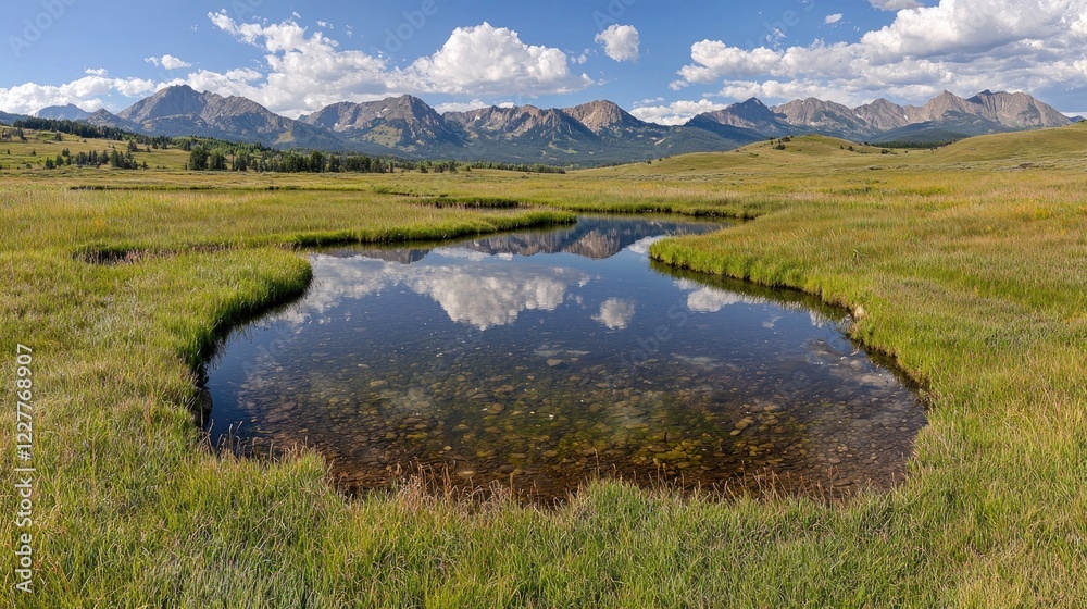 Fototapeta premium Mountain reflection in tranquil pond, grassland, scenic view, summer landscape, nature background