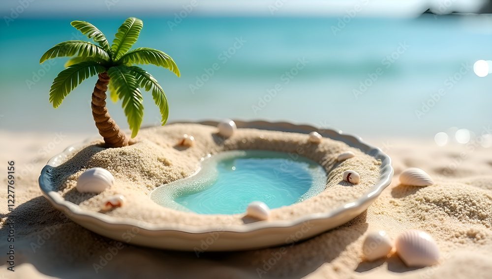 Obraz premium Serene beach scene on a plate with fine sand, tiny seashells, and a miniature palm tree.