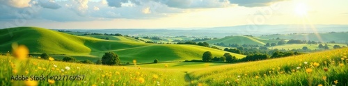 Serene landscape of rolling hills and vast meadows, vast, peaceful