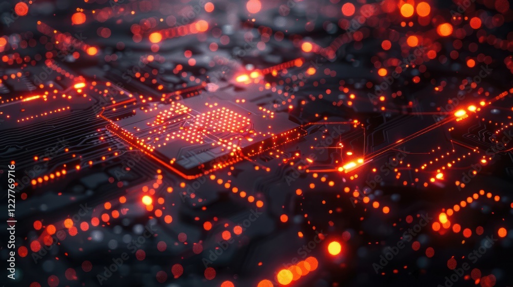 Fototapeta premium Abstract close-up of a glowing circuit board with red lights, showcasing technology in action