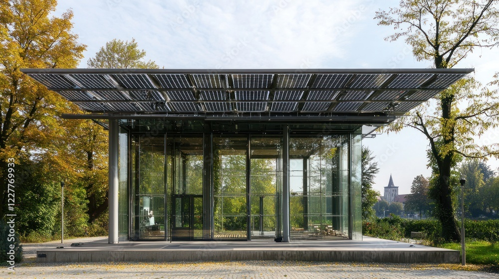 Modern Glass Pavilion with Solar Shade in Autumnal Park Modern Glass Pavilion with Solar Shade in Autumnal Park