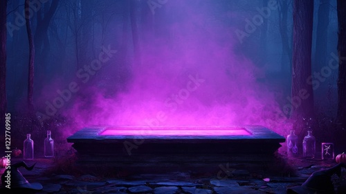 A mystical altar shrouded in purple mist, surrounded by dark woods and glowing potions, creating an enchanting atmosphere of magic and mystery.