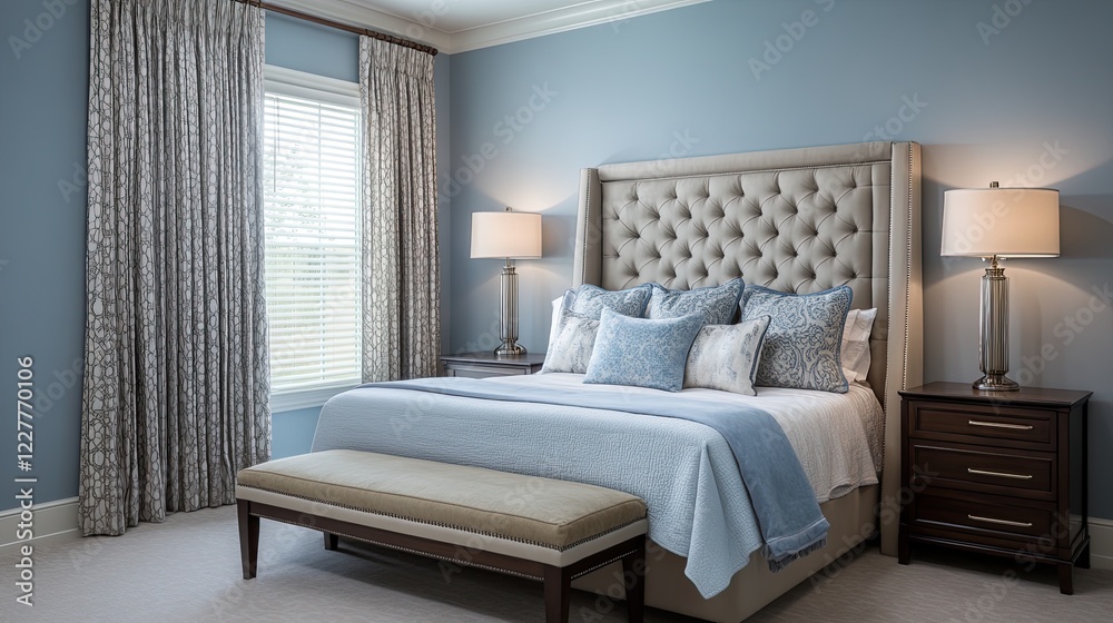 A transitional-style small bedroom featuring a floor-to-ceiling upholstered headboard A transitional-style small bedroom featuring a floor-to-ceiling upholstered headboard