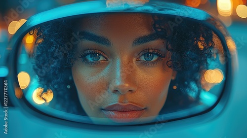 Woman seen through a reflective curved surface at night