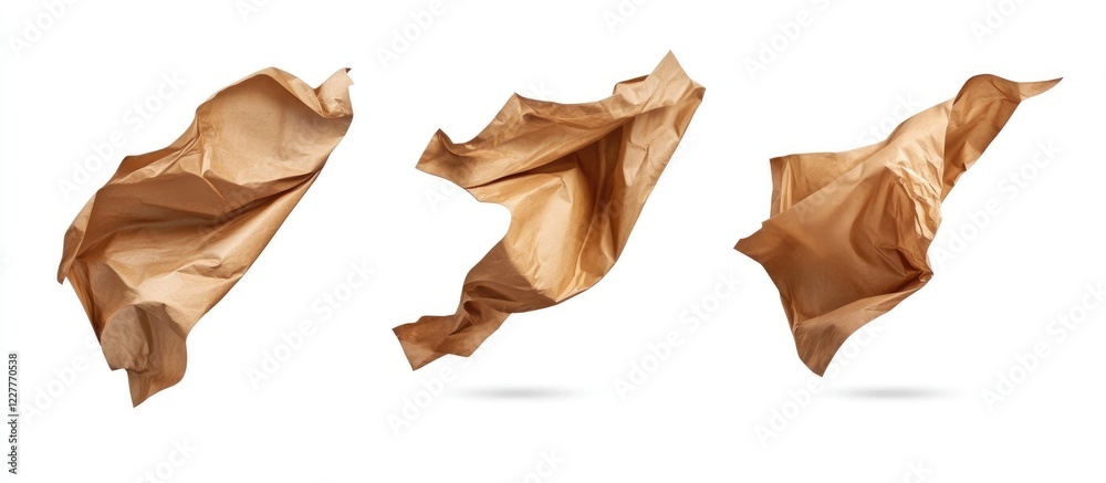 Brown Crumpled Paper Banners in Flight Isolated on White Background with Empty Copy Space for Text and Creative Design Opportunities Brown Crumpled Paper Banners in Flight Isolated on White Background with Empty Copy Space for Text and Creative Design Opportunities