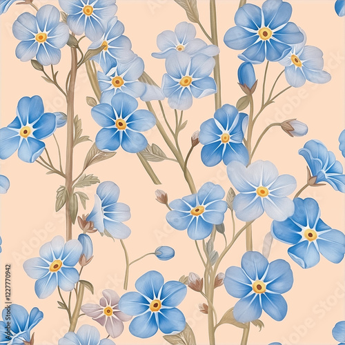 Wallpaper Mural Delicate blue forget-me-not flowers pattern on pastel beige background Torontodigital.ca