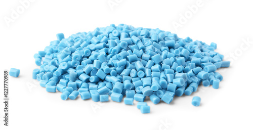 Foto Pile of light blue plastic granules isolated on white