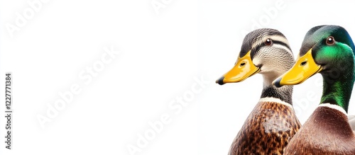Close-up portrait of a female mallard duck and drake showcasing their vibrant plumage with empty space for text or branding.