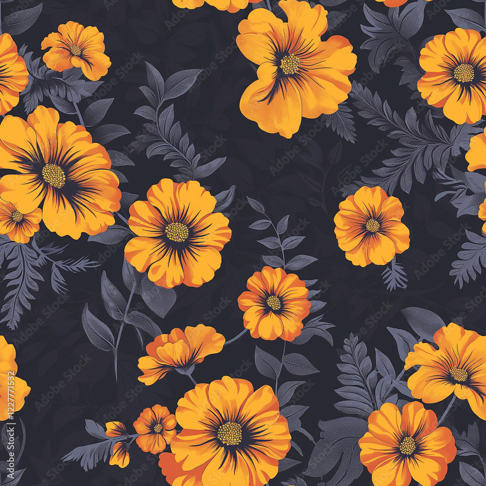 Vibrant yellow flowers pattern with dark leaves on black background Vibrant yellow flowers pattern with dark leaves on black background