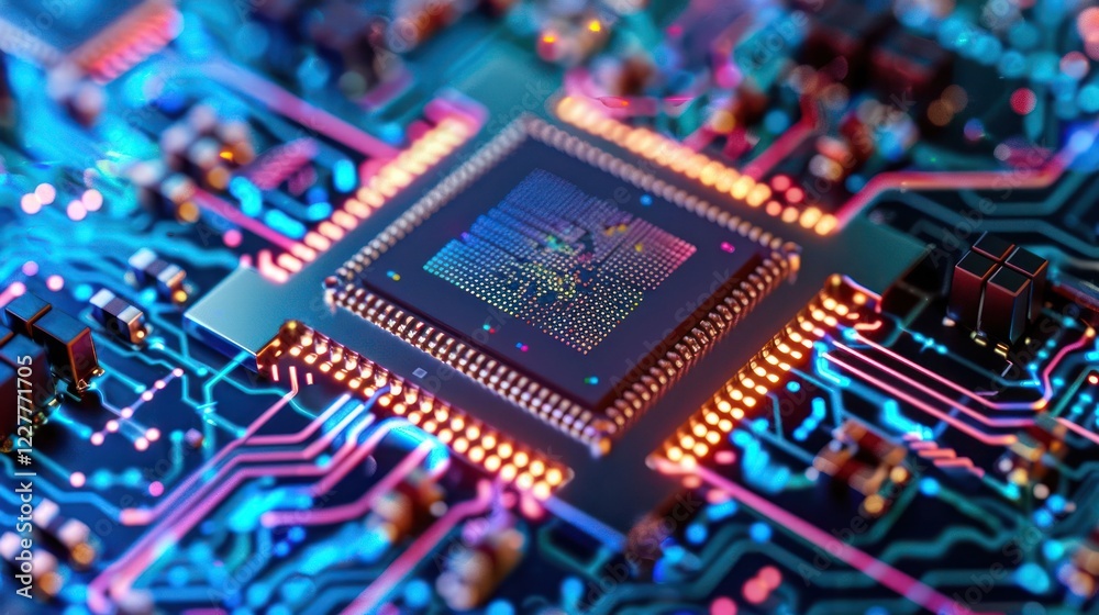 Close-up of a vibrant microprocessor on a circuit board with glowing connections and details Close-up of a vibrant microprocessor on a circuit board with glowing connections and details
