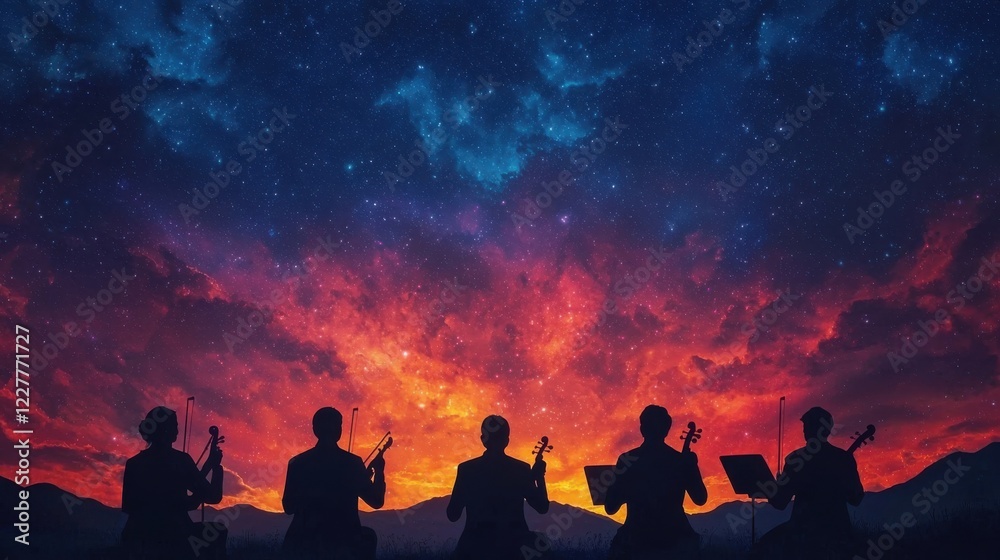Fototapeta premium Silhouettes of musicians performing under a vibrant sunset sky, creating a serene and artistic atmosphere.