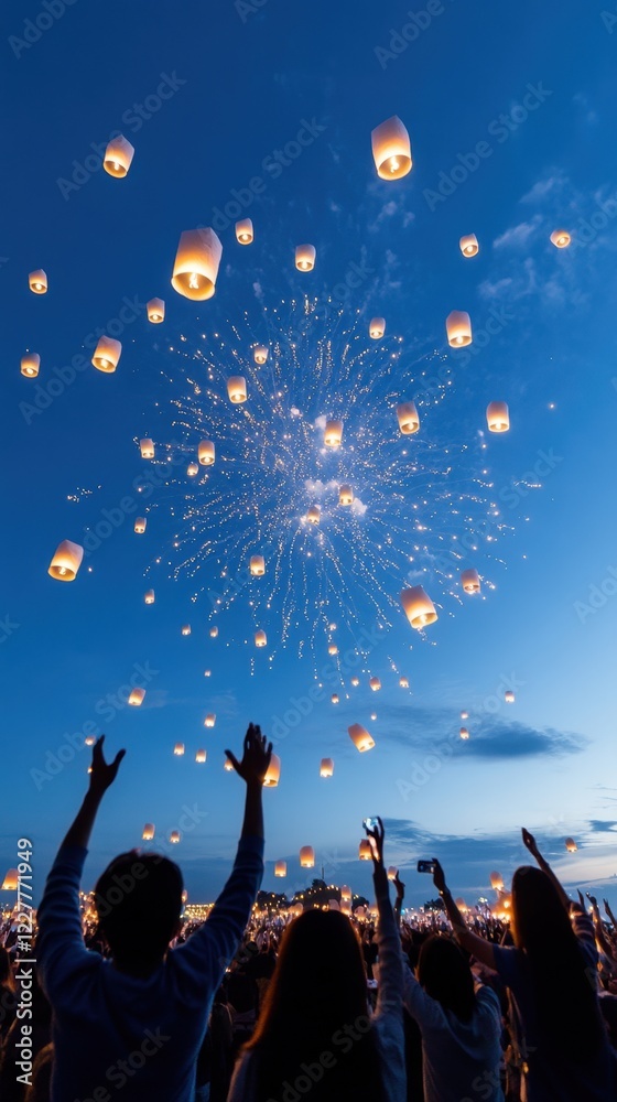 Celebration of Lanterns and Fireworks at Dusk in a Festive Gathering Celebration of Lanterns and Fireworks at Dusk in a Festive Gathering