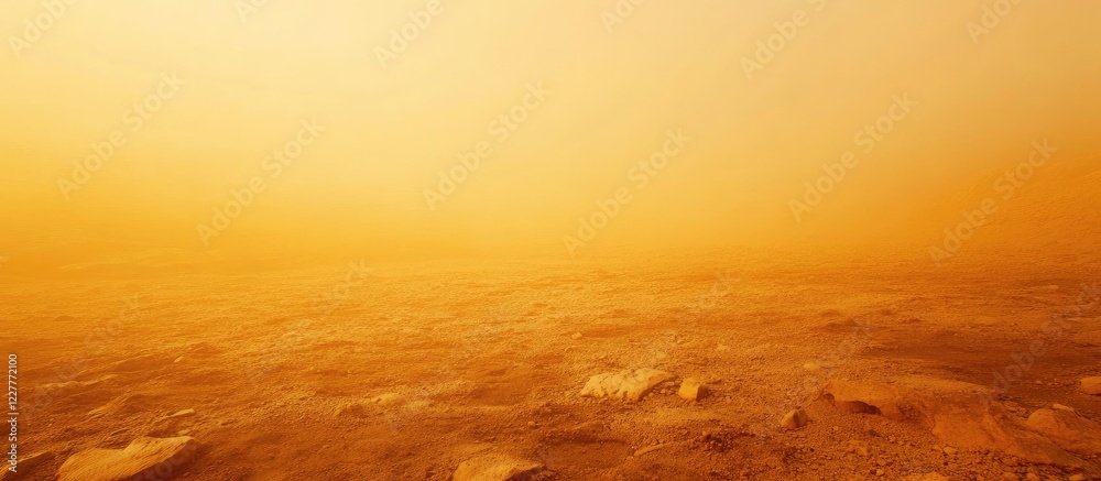 Obraz premium Abstract Foggy Landscape with Stony Terrain Beneath Vibrant Orange Sky and Ample Space for Textual Content
