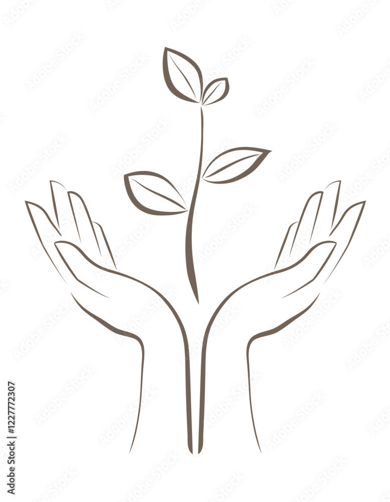 Hands and a young plant drawn with a line. Silhouette line. Hands and a young plant drawn with a line. Silhouette line.