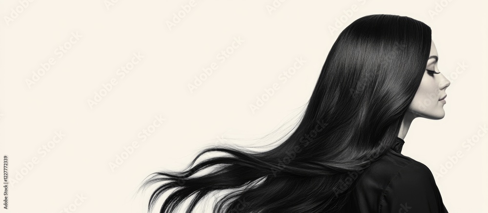 Female hairstylist with long flowing hair in salon setting showcasing hairstyling expertise with ample space for promotional text. Female hairstylist with long flowing hair in salon setting showcasing hairstyling expertise with ample space for promotional text.