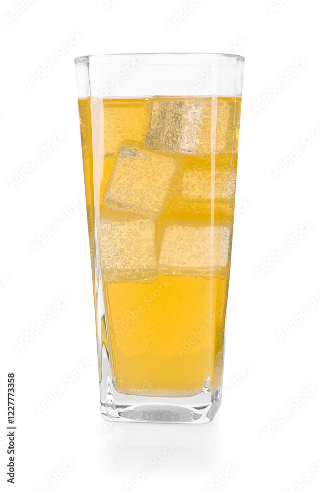 Sweet soda water with ice cubes in glass isolated on white Sweet soda water with ice cubes in glass isolated on white