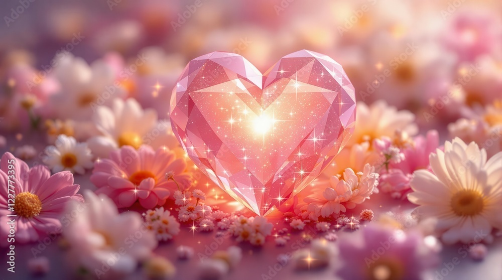 A heart-shaped crystal or gemstone glowing with soft light, surrounded by flowers and delicate sparkles. A heart-shaped crystal or gemstone glowing with soft light, surrounded by flowers and delicate sparkles.