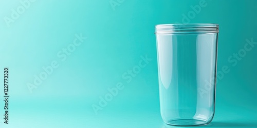 Elegant glass drinking cup on turquoise backdrop with empty copy space for eco-friendly beverage advertising or promotional designs