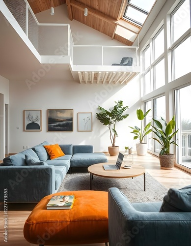 Modernes, lichtdurchflutetes Wohnzimmer Interieur in einem Neubau mit Galerie photo