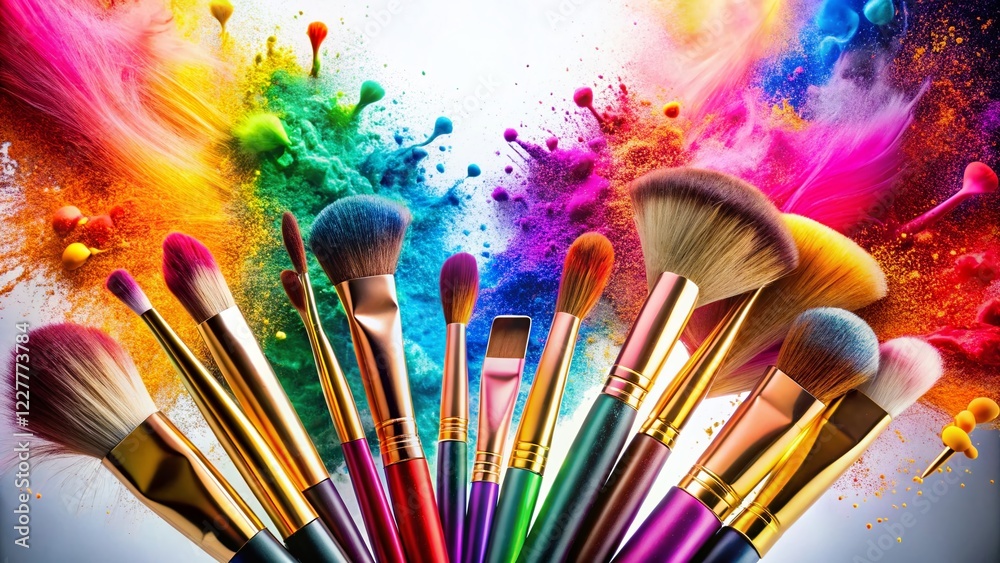 Fototapeta premium Colorful Makeup Brushes & Cosmetics Long Exposure Photography - White Background Stock Photo