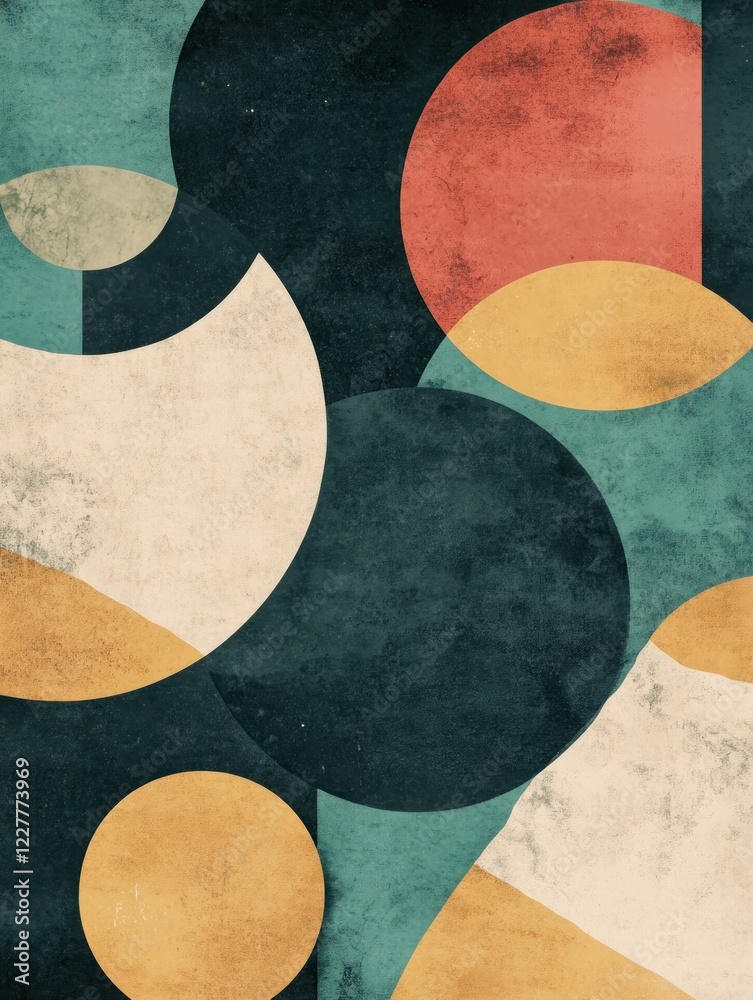 Abstract Geometric Composition with Circles and Arcs in Various Colors and Textured Background Abstract Geometric Composition with Circles and Arcs in Various Colors and Textured Background