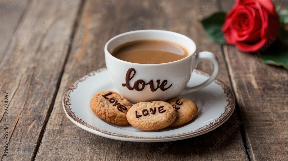 Obraz premium coffee cup with latte art design in the shape of a heart placed on a white saucer. valentines day