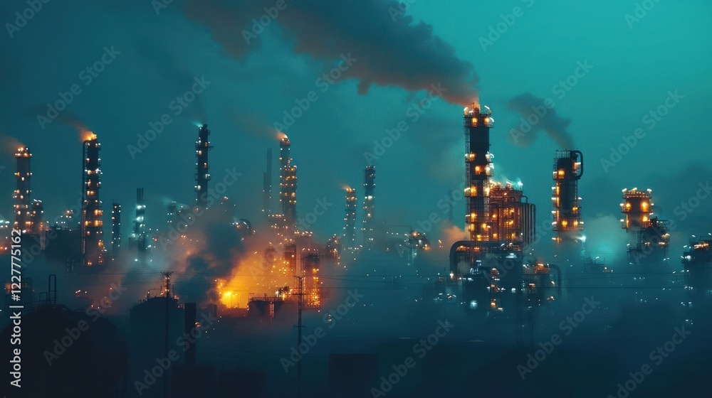 Industrial skyline at dusk with smoke and glowing lights from factories against a blue sky Industrial skyline at dusk with smoke and glowing lights from factories against a blue sky