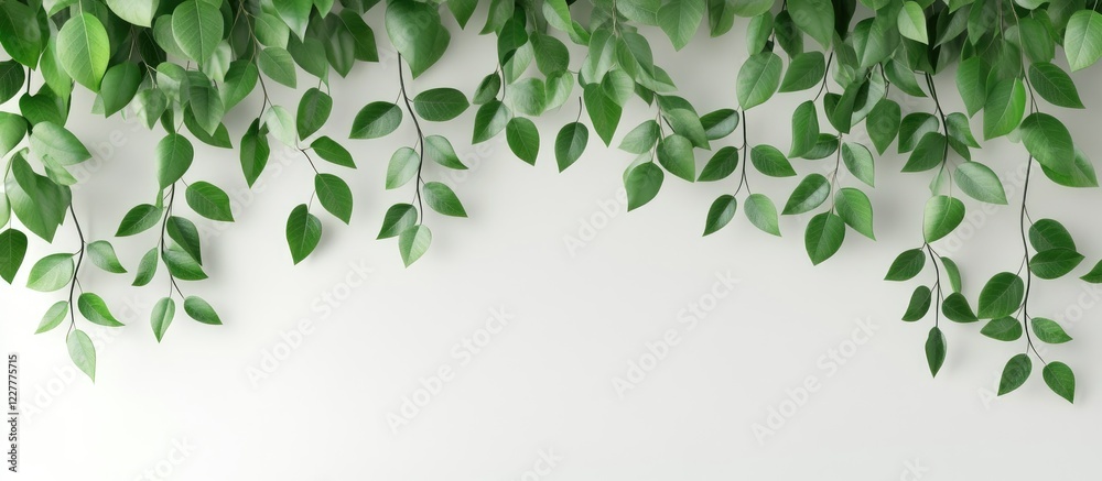 Lush green leaves cascading from the ceiling creating a serene backdrop with ample space for text or branding elements. Lush green leaves cascading from the ceiling creating a serene backdrop with ample space for text or branding elements.